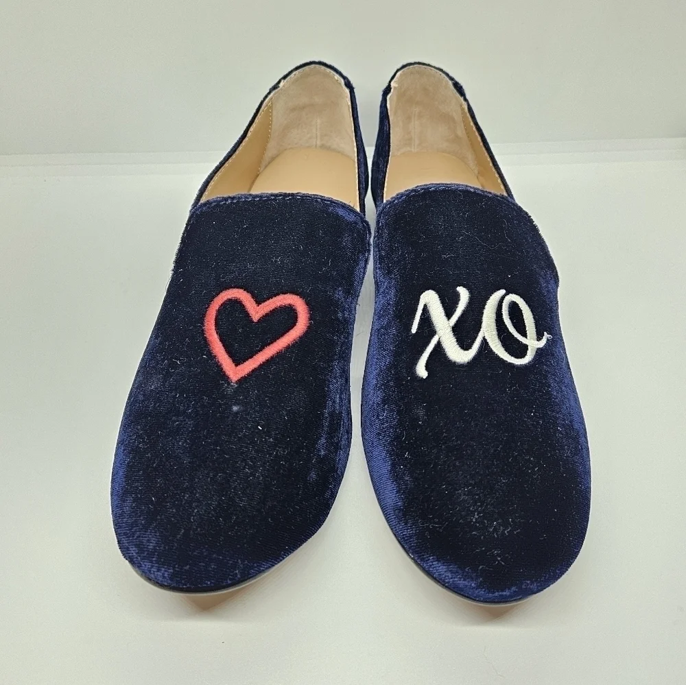 NWT Banana Republic blue velvet demi smoking slipper with heart and XO 6.5